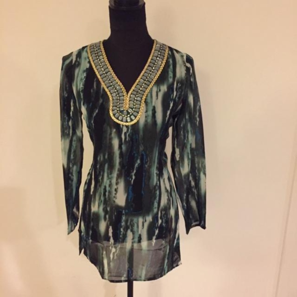 IMAN Green & Black Jeweled V-Neckline w/Gold Piping Tunic Top Blouse NWT R-$99